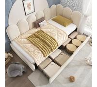 LINKHOO Lit rembourré Simple, avec tiroirs, en Velours, sommier à Lattes, pour Adolescent et Adult, pour Enfant(sans Matelas), 90 * 190 (Beige)