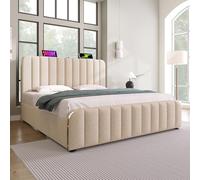 LINKHOO lit rembourré Simple, tête de lit rembourrée avec Bandes décoratives dorées et Fonction de Charge USB Type-C, lit de Camp hydraulique, sans Matelas, Lin, 160 * 200 cm, Beige