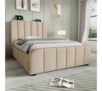 LINKHOO lit rembourré Simple, tête de lit rembourrée avec Bandes décoratives dorées et Fonction de Charge USB Type-C, lit de Camp hydraulique, sans Matelas, Lin, 90 * 200 cm, Beige