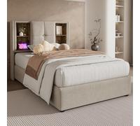 LINKHOO lit Simple avec Recharge sans Fil USB C, Cadre de lit rembourré 90x200cm, Cadre de lit avec sommier à Lattes de Rangement en Bois-Lin Naturel,sans Matelas