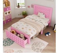 LINKHOO lit simple, en bois massif avec sommier à lattes, avec tiroirs et rangements sous le lit, rose, sans matelas, 90x200 cm