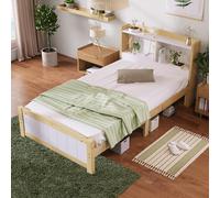 LINKHOO lit Simple en Bois Massif, Tête de lit de Rangement, avec sommier à Lattes, pour Enfant et Jeunesse, pin Massif(sans Matelas ni tiroirs), 90 x 200 cm, Naturel et Blanc