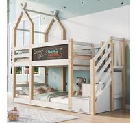 LINKHOO lit superposé, lit bébé cabane dans Les Arbres INCL. Tableau Noir, avec Rangement et Protection Contre Les Chutes, 2X sommier à Lattes (sans Matelas) 90×200, Naturel et Blanc