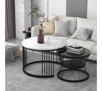 LINKHOO Lot de 2 Tables Basses Gigognes (Imitation Marbre), Table de Salon Ronde, Grand: 70 x 70 x 45 cm et Petit : 45 x 45 x 40cm (Blanc/Noir)