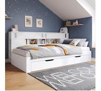 LINKHOO Méridienne,Lit avec espace rangement et tiroirs,étagères et placards de rangement, sans matelas,140x200cm,Blanc