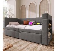 LINKHOO méridienne rembourrée, canapé-lit Simple avec lit gigogne, accoudoirs avec Port de Charge USB et Type-C et Porte-gobelet, mélange de Lin, sans Matelas, 90x200 cm, Gris