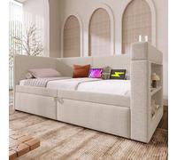 LINKHOO méridienne rembourrée, canapé-lit Simple avec lit gigogne, accoudoirs avec Port de Charge USB et Type-C et Porte-gobelet, mélange de Lin, sans Matelas, 90x200 cm, Beige
