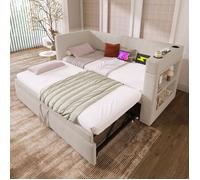 LINKHOO méridienne rembourrée, canapé-lit simple avec lit gigogne,mélange de lin, beige(sans matelas), 90x190 cm