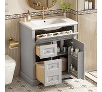 LINKHOO Meuble de Salle de Bain au Sol avec lavabo, laqué résistant à l’humidité, glissières de tiroir à Fermeture amortie, étagères de Porte, tiroir Rabattable, étagère réglable, 76x46x87cm, Gris