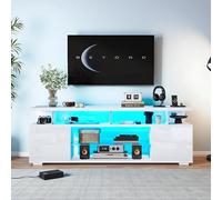 LINKHOO Meuble Tele Blanc, Meuble TV Moderne Blanc Brillant avec LED, Panneau TV et vitrine en Verre, Compatible téléviseurs 60", Table Polyvalente pour Gaming et Grand Rangement.