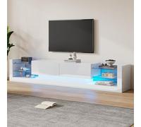LINKHOO Meuble TV Brillant, avec éclairage LED, façade en Verre, Deux tiroirs rabattables, Charge maximale 50 kg, 181 * 38 * 38 cm, Blanc