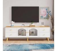 LINKHOO Meuble TV Chambre, Meuble TV avec rangements, 2 Portes latérales en Verre trempé et Design incurvé élégant - idéal pour Le Salon ou la Salle à Manger.