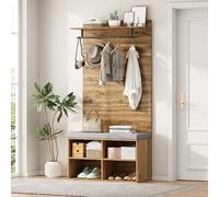 LINKHOO Porte-Manteau avec Étagère à Chaussures, Meuble d Entrée avec Banc, étagère réglable, Tringle à vêtements et Rembourrage, 84 x 35 x 175 cm, Chêne