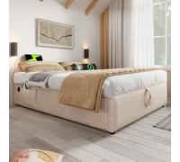 LINKHOO rembourré Double, Cadre de lit Struraumbett avec USB-C et sommier à Lattes sur Toute la Surface, sans tête de lit, en Lin,140×200 cm, Naturel