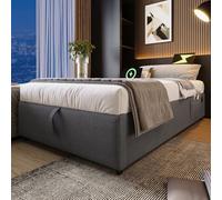 LINKHOO rembourré Simple, Cadre de lit Struraumbett avec USB-C et sommier à Lattes sur Toute la Surface, sans tête de lit, en Coton,90×200 cm, Gris