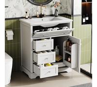 LINKHOO Salle de Bain Armoire sur Pied avec lavabo, Armoire Basse, Peinture résistante à l’humidité, Glissière de tiroir silencieuse, Tiroir Pliant, Lavabo en céramique,76x46x87cm, Blanc