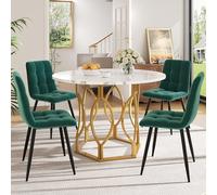 LINKHOO Set de Table à Manger (5 pièces), avec 4 chaises, Table à Manger Ronde de 100 cm de diamètre et Pieds en métal doré, Plateau de Table en MDF Blanc, chaises en Velours Vert foncé