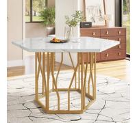 LINKHOO Table à Manger hexagonale Moderne en marbre, Base de Branche en métal, Table Basse esthétique Simple, adaptée à la Salle à Manger et au Salon, dorée