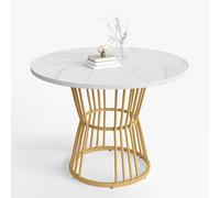 LINKHOO Table à Manger Ronde (1 pièce), Cadre en métal Unique, Table à Manger en marbre Moderne, adaptée à la Salle à Manger, au Salon, 100 * 100 * 75 cm, Blanc/doré