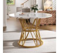 LINKHOO Table à Manger Ronde, pour 4 Personnes, adaptée pour Salle à Manger, Salon, Pieds de Table élégants en métal, Plateau en MDF marbré,100×100×76 cm, doré