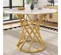 LINKHOO Table à Manger Ronde, Table Basse Ronde pour 4, adaptée pour Salle à Manger, Salon, Pieds en métal, Plateau en MDF marbré, Pieds dorés, 80×80×76 cm