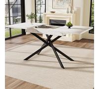 LINKHOO Table à Manger télescopique, Extensible, Peu encombrante, Pieds en Fer croisés Noirs,Table à Manger en marbre Blanc, pour la Cuisine et Le Salon, 120-160 * 80 * 76.5 cm