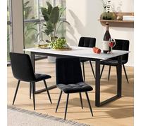 LINKHOO Table à Manger télescopique, Pieds en Fer métallique et Pieds tubulaires carrés, Plateau de Table Moderne en MDF Blanc avec Motifs en marbre, pour la Maison et Le Bureau, 140/180x80x75cm