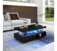 LINKHOO Table Basse Brillante, Meuble Bas pour Salon, Table Basse, avec 4 Plateaux en Verre, 2 tiroirs et 2 Compartiments Ouverts, Charge maximale 35 kg, 95 x 50 x 42,5 cm, Noir
