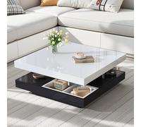 LINKHOO Table Basse Carrée, Basse, Table de Salon, pivotant à 360°, Plateau pivotant à 2 Niveaux avec Rangement, Plateau de Salon Blanc, piètement Noir 70 * 70 * 36 cm