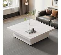 LINKHOO Table Basse Carrée, Table Basse Moderne carrée Blanche Effet marbre 90 x 90 x 25 cm - 4 tiroirs, Plateau Coulissant, Charge Max. 30 kg