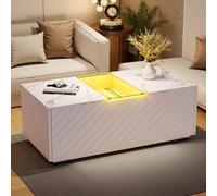 LINKHOO Table Basse Coffre, Table Basse Blanche 100x50x35cm avec Effet marbre, éclairage LED, élément en Verre et 2 tiroirs - supporte jusqu'à 20 kg, Design Moderne