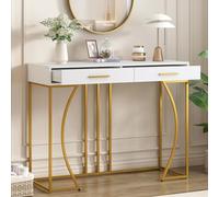 LINKHOO Table Basse, Console, Table d'appoint de Style Luxe léger avec 2 tiroir, Blanc/doré