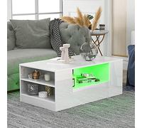 LINKHOO Table Basse Moderne, avec LED, 2 tiroirs et 2 étagères, Laque Haute Luminosité, pour Salon et Chambre, Charge de 30kg, 95 x 53 x 37 cm, Blanc