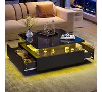 LINKHOO Table Basse Moderne Carrée, avec Éclairage LED, avec 2 tiroirs et Compartiments en Verre, 70x70x41cm, Charge maximale 30 kg (Noir)