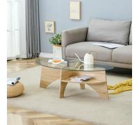 LINKHOO Table Basse Ovale, en Verre de sécurité, piètement composé d'éléments en Forme de Compartiments disposés en Diagonale, et d'une étagère intégrée pour Le Rangement, 104,9 x 60 cm, Naturel