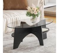 LINKHOO Table Basse Ovale, en Verre de sécurité, piètement composé d'éléments en Forme de Compartiments disposés en Diagonale, et d'une étagère intégrée pour Le Rangement, 104,9 x 60 cm, Noir