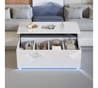 LINKHOO Table Basse Rangement, Basse Moderne Brillante avec éclairage LED et Espace de Rangement dissimulé - Table d'appoint à Levage hydraulique 100 * 50 * 35 cm, capacité de Charge 40 kg (Blanc)