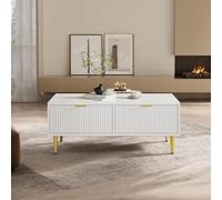 LINKHOO Table Basse, Table Basse Moderne Blanche avec Accents dorés, 2 tiroirs, Design à Rayures Verticales, 100 * 50 * 40cm, de Salon, canapé Armoire Courte