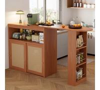 LINKHOO Table de Bar Extensible avec Espace de Rangement, rotin en Osier sur Les façades de Porte, étagères réglables, îlot de Cuisine, Petit Bar de Maison, 138-193×39×104 cm