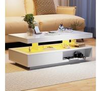 LINKHOO Table De Salon, Table Basse Blanche Brillante 95x50x42,5 cm - avec 4 Plateaux en Verre, 2 tiroirs et 2 Compartiments Ouverts, Meuble Bas de Salon