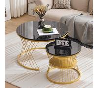 LINKHOO Table Gigogne Ronde, Table Basse Moderne Nesting, Ensemble de Tables Basses Brillantes,marbre placage canapé côté nid de Tables Rondes d'extrémité, Ensemble de 2, Couleur Or Frame