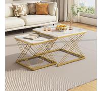 LINKHOO Tables gigognes, Tables Basses 2 pièces, Tubes en Acier Mat, Aspect marbre Brillant, Pieds réglables en Hauteur, Charge maximale 30 kg, 60 * 60 * 45 cm et 45 * 45 * 40 cm (doré+ Blanc)