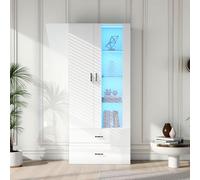 LINKHOO Vitrine Salon, Vitrine éclairée par LED 16 Couleurs, 2 Portes, vitrine sur Pied avec Porte Transparente, indépendante Blanche Mur Salon Armoire Armoire Buffet
