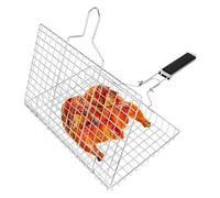 Linkidea Panier gril rond portable, panier gril à poisson en acier inoxydable avec poignée verrouillage de sécurité amovible, accessoires gril de légumes et de crevettes en plein air (Argent, carré)