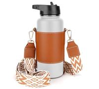 Linkidea Porte-bouteille d'eau en cuir végétalien avec sangle compatible avec Hydro Flask à large goulot de 946 ml, flasque en fer, support de sac à bandoulière avec bandoulière
