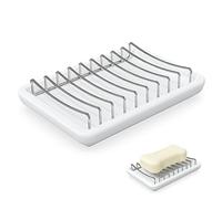 Linkidea Porte-Savon en céramique avec Grille en Fil d’Acier Inoxydable Amovible, Support Double pour Savon et éponge avec égouttoir pour lavabo et Douche (Blanc)