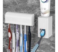 Linkidea Support Mural pour Brosse à Dents et Distributeur de Dentifrice, en Plastique, Autocollant, 6 emplacements pour Brosse à Dents avec Couvercle, pour Salle de Bain, Compatible avec Oral-B