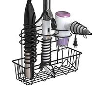 Linkidea Support mural pour sèche-cheveux avec crochets adhésifs, organiseur d'outils de salle de bain pour sèche-cheveux, fers plats, baguettes à friser, fer à lisser, noir