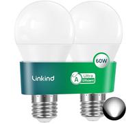 Linkind Ampoule LED E27 A60 806lm, 3,8W=60W，5000K, 50000h, 2 PCS | Ø60×120 mm, angle d'éclairage de 220°, IRC ≥ 80, non Dimmable, Finition mate pour Couloir，Bureau à Domicile