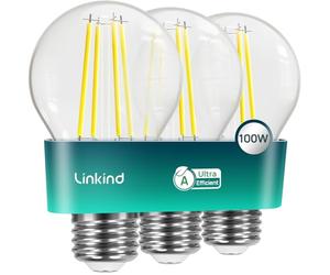 Linkind Ampoule LED E27 Vintage Ultra Efficace, 7,2W = 100W, 2700K Blanc Chaud, Classe Énergétique A, Non Dimmable, A60 Edison 1521lm, Angle 320°, Économie d'Énergie, Verre Transparent, Lot de 3